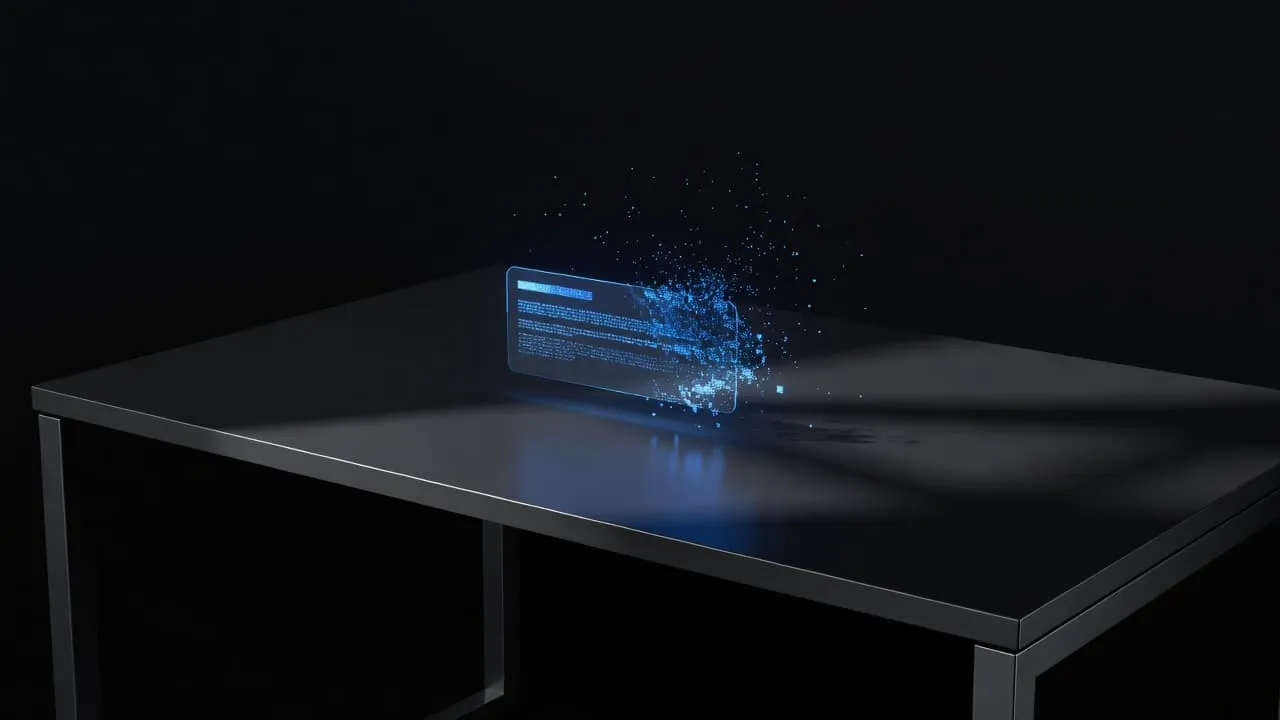 A glowing blue digital notification icon dissolves into particles above a sleek dark surface. The high-contrast lighting creates dramatic shadows while accentuating the clean edges of the professional workstation environment.