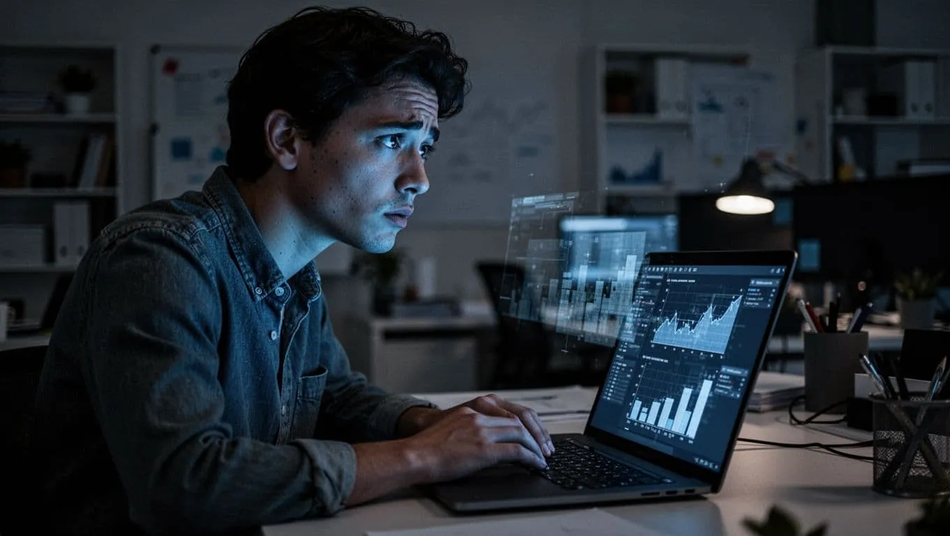 A person sits in a dark office, staring at a laptop screen that emits a bright blue glow. The digital charts appear pixelated and incomplete, highlighting missing data segments and tracking errors.